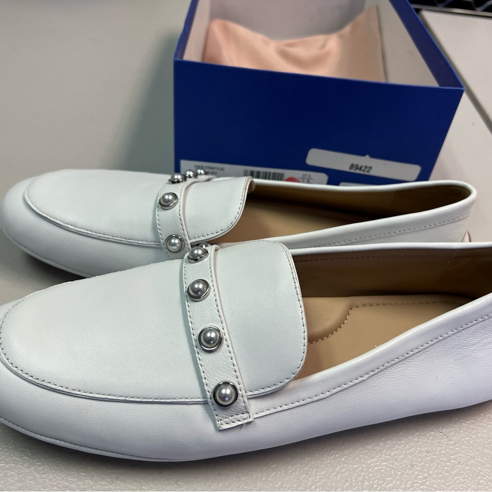 Stuart Weitzman White Driving Loafers with Imitation Pearl Studs